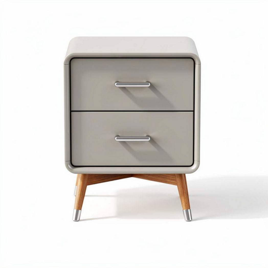 Modern two-drawer nightstand in gray with wooden legs measuring 45 x 40 x 50cm