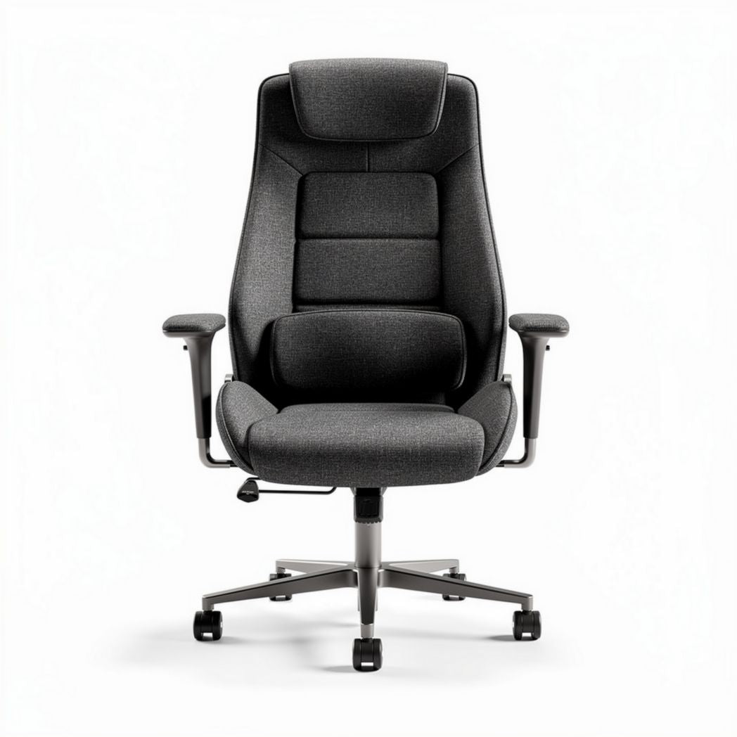 Ergonomic office chair with adjustable armrests and lumbar support in grey fabric