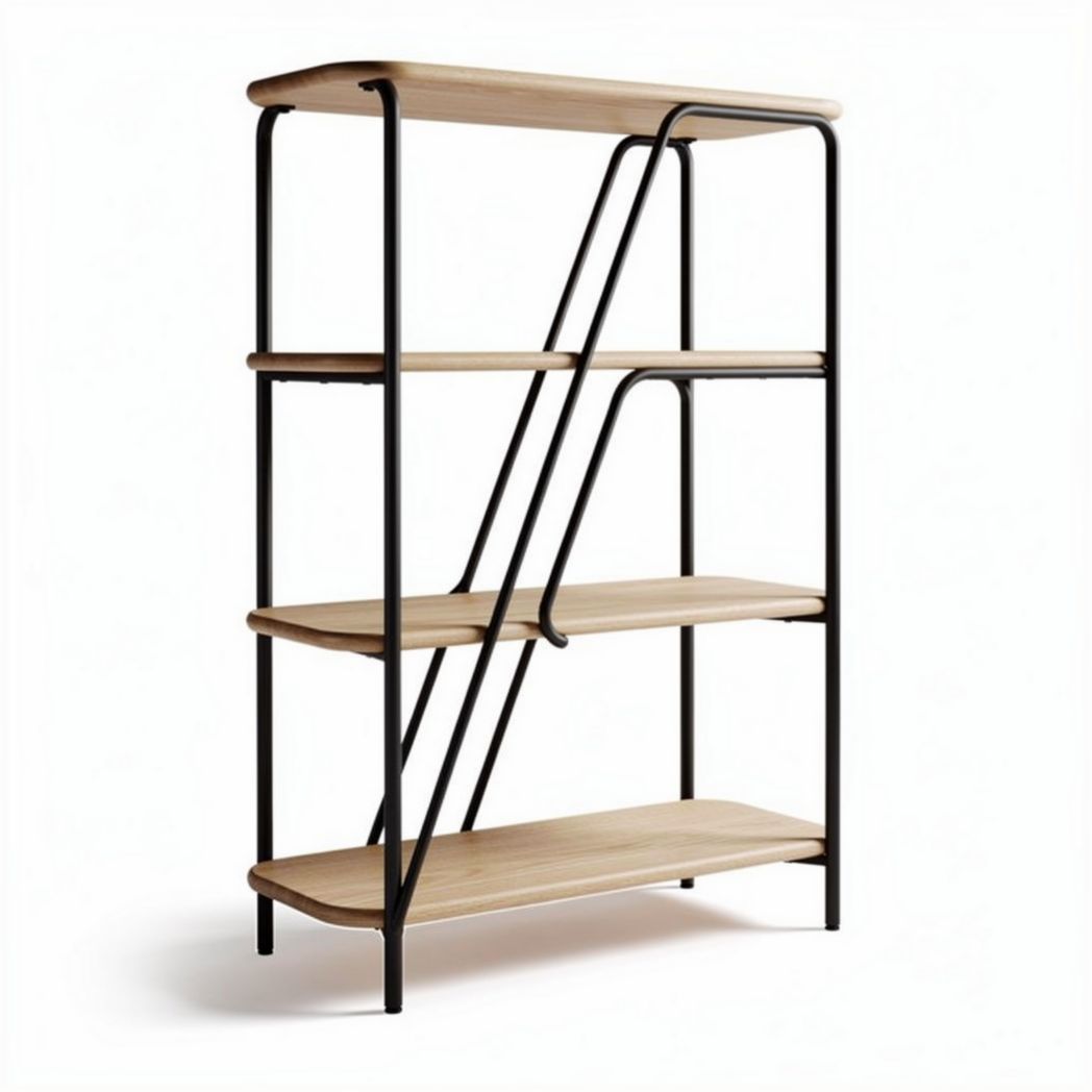 Wooden and metal bookshelf in natural finish for living room storage 80 x 30 x 120cm