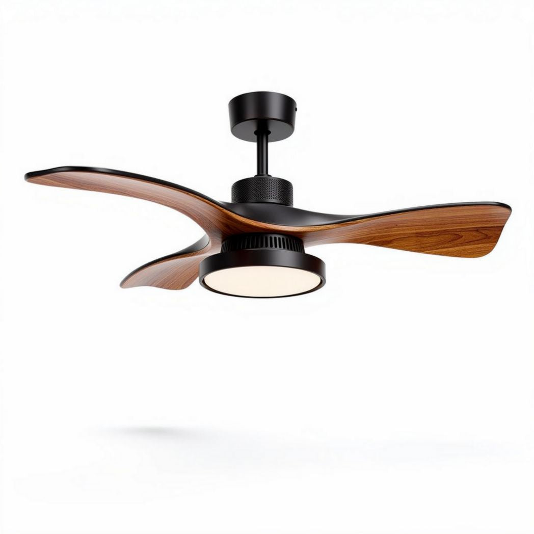 Wood and black metal ceiling fan with light fixture 60 x 60 x 30cm